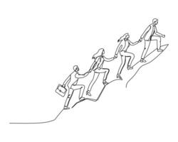 Four people climbing a slope, holding hands to help each other ascend. teamwork, mutual support in achieving a common goal. A continuous line drawing of business and finance theme illustration vector