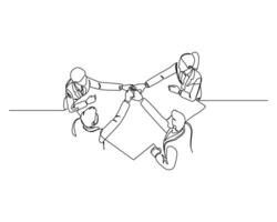 A continuous line drawing of four business professionals around a table, joining hands in unity and collaboration in a corporate setting. vector