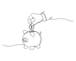 save a coin into a piggy bank, symbolizing saving money and financial planning. A continuous line drawing for business and finance theme illustration vector