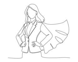 A person wearing a suit and a flowing cape, posed confidently with one hand on the hip. professional attire with superhero motifs, symbolizing empowerment and strength. Continuous line drawing design vector