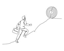 Business professional in a suit carrying a briefcase, climbing uphill towards a target, symbolizing ambition and goal achievement. A continuous line drawing illustration for business themes vector