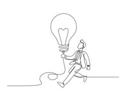 A businessman holding a large light bulb, with one leg lifted as if walking. Symbolizes innovation and inspiration in a minimalistic style. continuous line drawing of business illustration concept vector