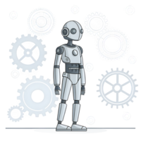 A robot standing in front of a group of gears png