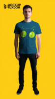 adult full body t-shirt mockup using pants and shoes, yellow background, easy to edit, easy to change color, easy to change design psd