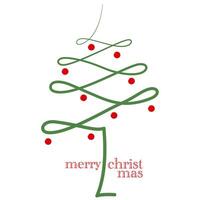 simple continuous green line, one line Christmas tree with red ornate lamp. Christmas hand drawn illustration . Square dimension. vector