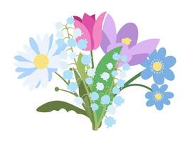 Flat Bouquet of Flowers Chamomile, Lily of the valley, Tulip, Crocus, Hepatica. Spring Flowers Bloom Element. Sticker, Print for Easter Spring Holidays, Banners, Posters, Cards, Web. Folk Style. vector