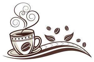 cup with steaming coffee, include coffee bean elements. color scheme vector