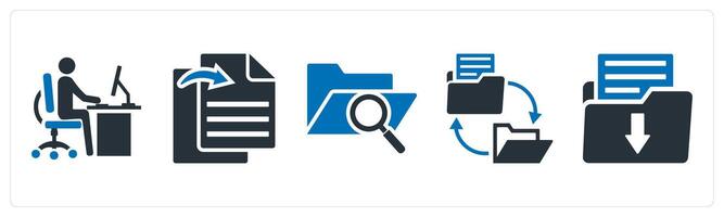 A set of 5 mix icons as office work, file transfer, search folder vector