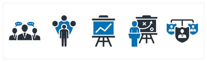 A set of 5 mix icons as business conversation, security adminsitrator, business presentation vector