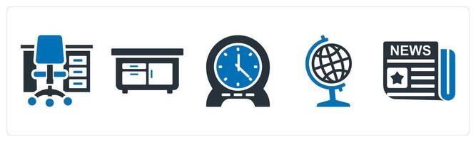 A set of 5 mix icons as office table, drawers, clock vector