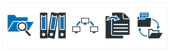 A set of 5 mix icons as search folder, files, data transfer vector