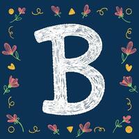 Playful hand-drawn alphabet letter B with decorative elements on a blue background, ideal for educational and creative design projects. vector
