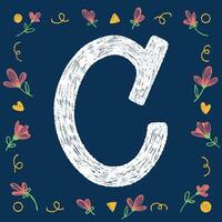 Playful hand-drawn alphabet letter C with decorative elements on a blue background, ideal for educational and creative design projects. vector