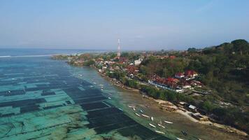 Drone view of algae farm in ocean and village on Nusa Lembongan island. video