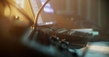 Sound mixer and computer monitor in music studio video
