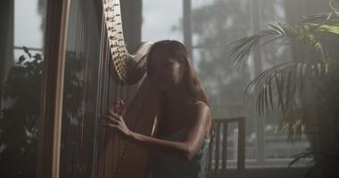 Graceful female harp player performing music in studio with obscure light video