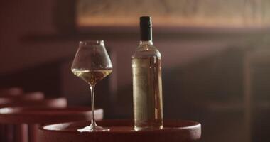 Bottle of wine placed on round table with wineglass video