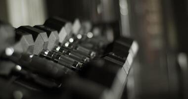 Stack of dumbbells placed on stand in gymnasium video