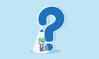 A businessman lifts a dollar sign under the spotlight of a hanging lamp shaped like a question mark, illustration of offering financial solutions to business problems vector