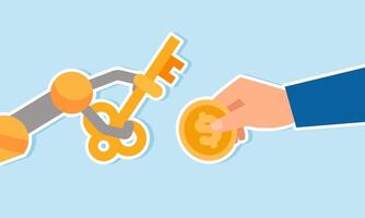 A robotic hand holds a key while a businessman hand holds a dollar coin, illustration of the cost required to obtain business solutions from AI vector