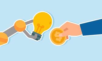 A robotic hand holds a lamp while a businessman hand holds a dollar coin, illustration of the cost required to obtain creative and innovative business solutions from AI vector