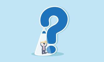 A businessman lifts a key under the spotlight of a hanging lamp shaped like a question mark, illustration of offering solutions to business problems vector