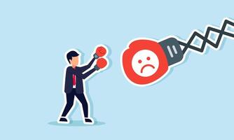 A businessman wearing boxing gloves punches a punching bag labeled with a sad emoticon, illustration of tackling declining market attention to business products vector