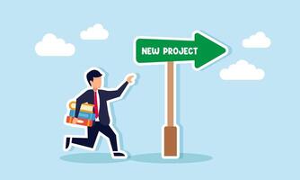 A businessman runs carrying a stack of books, following an arrow labeled NEW PROJECT, illustration of guidelines for securing a new project vector