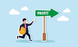 A businessman runs following a dollar coin and an arrow labeled PROFIT, illustration of guidelines for achieving business profit vector