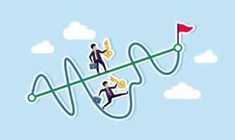 Two businessmen carrying keys race, one on a straight graph and the other on a fluctuating graph, aiming for a flagpole, illustration of business competition in providing solutions vector