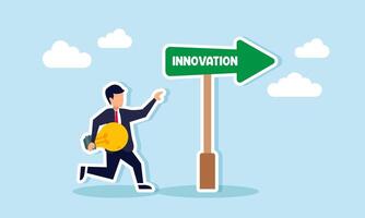 A businessman runs following a lamp and an arrow labeled INNOVATION, illustration of guidelines for achieving business ideas and innovation vector
