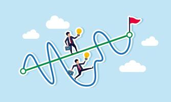 Two businessmen carrying lamps race, one on a straight graph and the other on a fluctuating graph, aiming for a flagpole, illustration of business competition in innovation vector