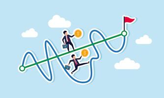 Two businessmen carrying dollar coins race, one on a straight graph and the other on a fluctuating graph, aiming for a flagpole, illustration of financial business vector