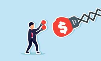 A businessman wearing boxing gloves punches a punching bag labeled with a dollar sign, illustration of combating corruption practices in business vector