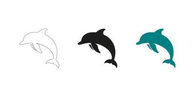 Dolphin Icon Set in Three Styles - Outline, Silhouette and Colorful vector