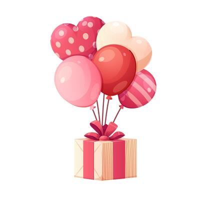 Valentines Day gift with bunch of balloons. Festive element for advertising, banners, discount coupons