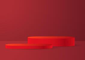 Red realistic 3D cylinder pedestal podium with glowing light semi circle backdrop. Red minimal wall scene for products showcase, Promotion display. abstract studio room with geometric platform. vector