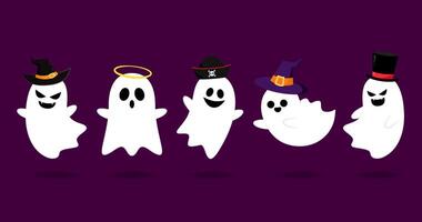 Cute ghost floating with Halloween pumpkin basket for Trick or Treat. Funny spooky boo character. Spook phantom with happy smiling face expression. Isolated kids flat illustration. vector