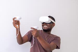 Man playing virtual reality games on vr headset photo