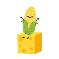 Corn and Cheese . Corn and Cheese character design. Corn on white background. Cube cheese. vector