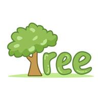 A charming illustration of a small tree with the word 'tree' written in a green, playful font next to it. vector