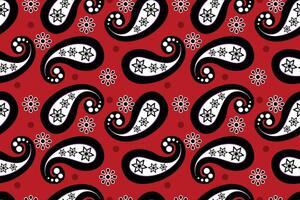 Black and white paisley on red background seamless pattern for fabric. vector