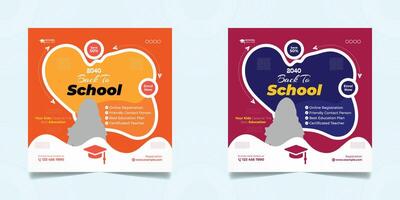 Educational School admission open social media post design, back-to-school promotion square banner layout template vector