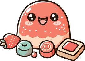 A cute pink jelly with a strawberry and a box of chocolates vector