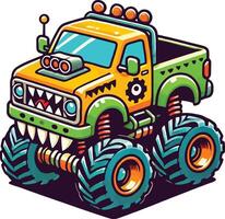 Cartoon monster truck with big teeth and big wheels vector
