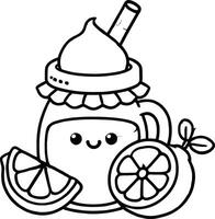 A coloring page with a jar of lemonade and a slice of lemon vector