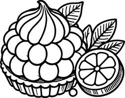 A black and white drawing of a lemon and a cake vector