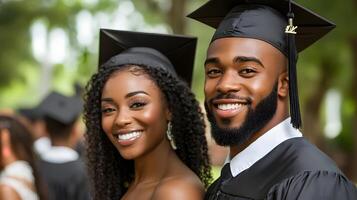 Multicultural group of students celebrating graduation, smiling with caps and gowns photo