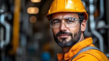 Inspector conducting a safety check with advanced technology, modern factory background photo