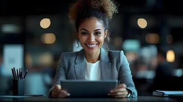 Group of business professionals communicating through tablet, digital tools in office, 3D render photo